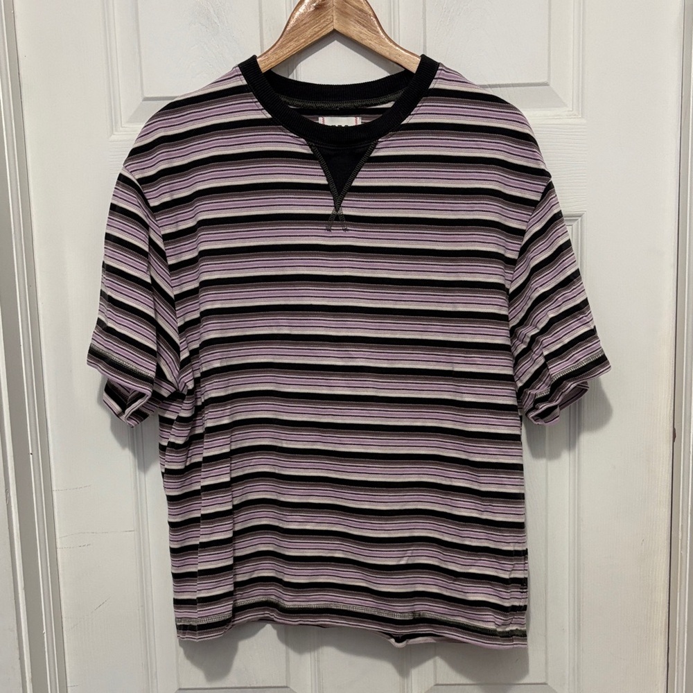 BDG Striped Short-Sleeve Crewneck Shirt in Lavender, Grey, and Black